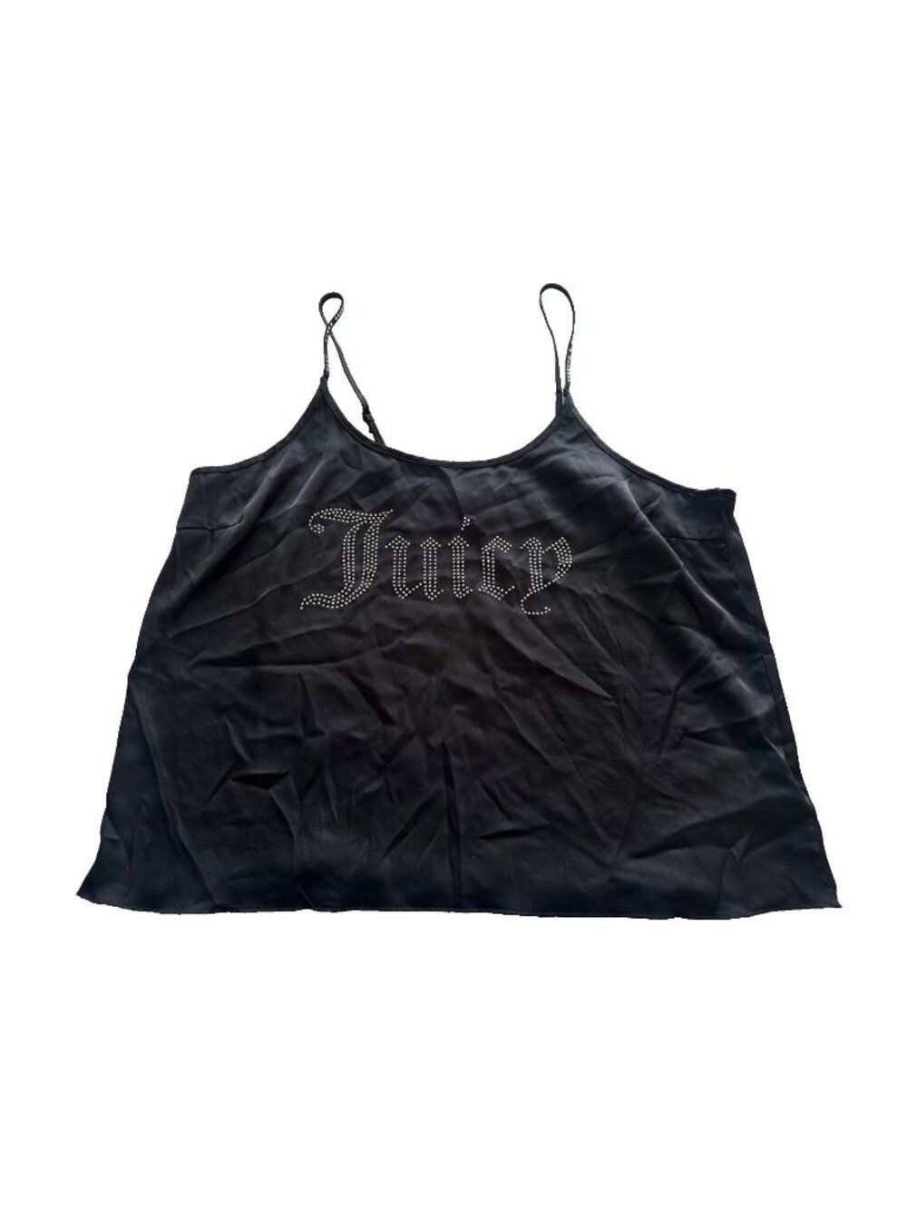 JUICY COUTURE Large Y2K Black Satin Jeweled Logo Cami Rhinestone Tank Top